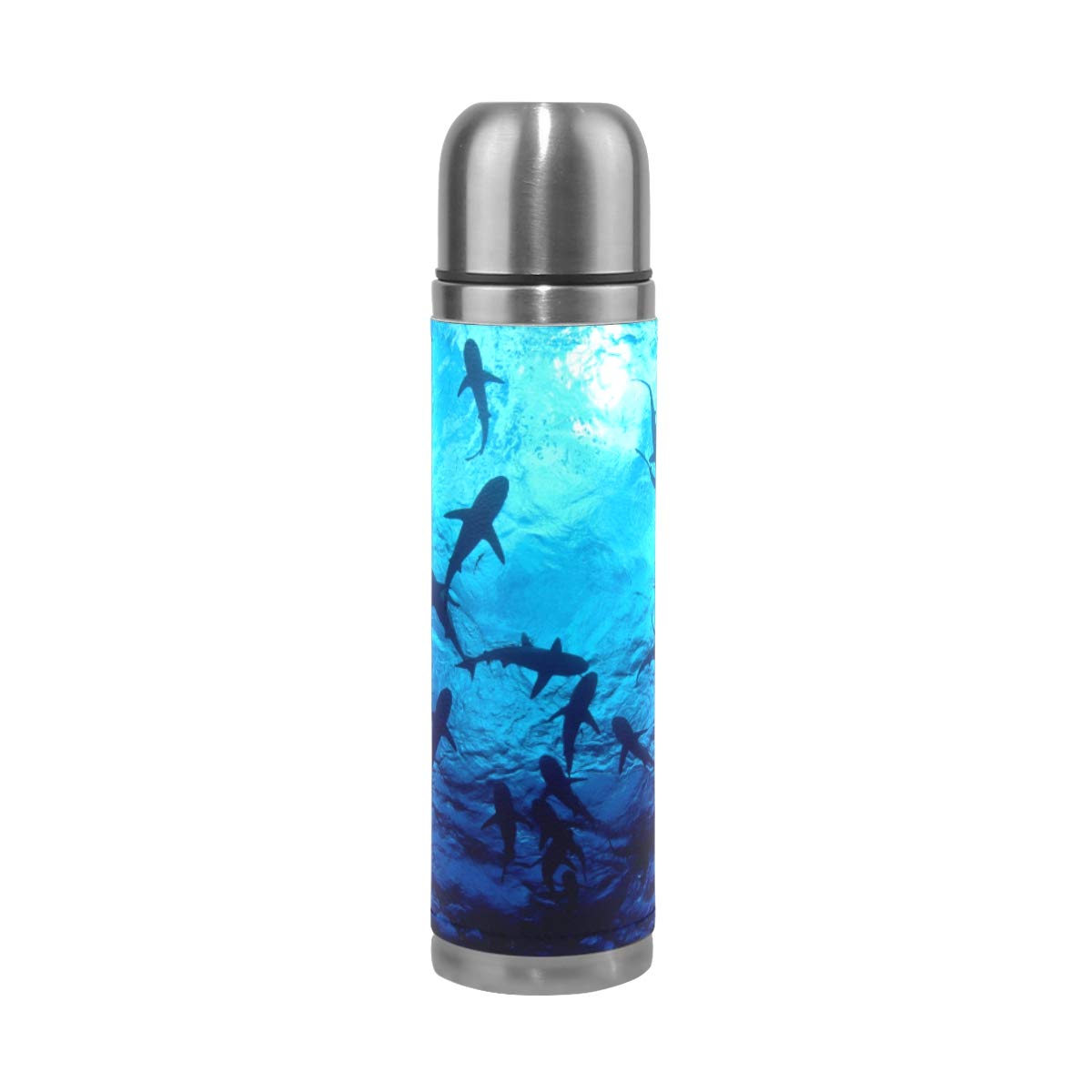 Taza de viaje de acero inoxidable con aislamiento al vacío, doble pared, a prueba de fugas, diseño de tiburón, estampado personalizado impreso en piel auténtica, termo de 500 ml