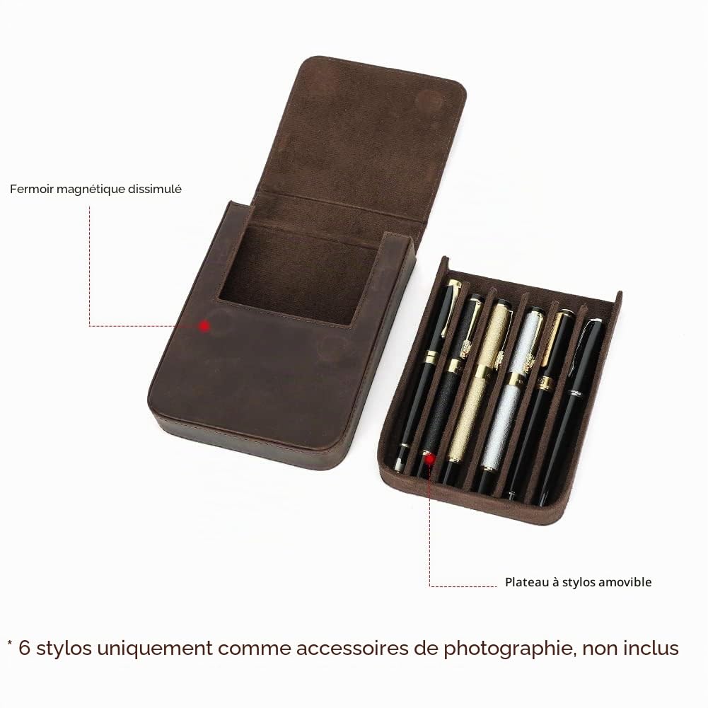 Étui à crayons en cuir véritable, porte-crayon vintage, accessoires de bureau élégants, boîte d'organisation pour voyage, Café 1-6, Medium