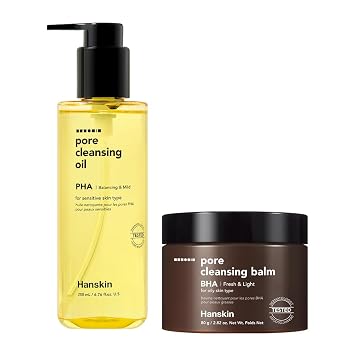 زيت تنظيف المسام Hanskin Double Care Duo PHA 6.76 أونصة وبلسم التنظيف BHA 2.82 أونصة | مزيل المكياج والعناية بالرؤوس السوداء والدهون | منظف عميق لطيف للبشرة الحساسة والدهنية والمختلطة