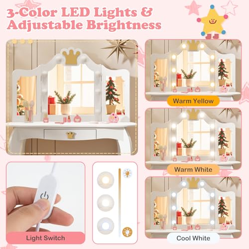 Image of KOTEK Kids Vanity with Lights, Crown Girls Vanity Set w /Tri-Folding Mirror, Detachable Top, Stool & Drawer, Wooden Toddler Makeup Desk, Pretend Play Kids Vanity Table and Chair Set (Classic White)