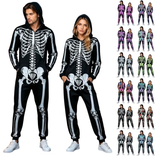 Men's Skeleton Halloween Costume Adult Unisex Skull Jumpsuit Pajamas Onesie Cozy One Piece Cosplay Party - image 1