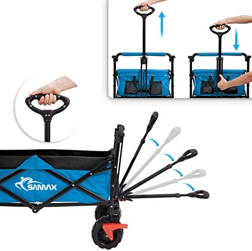 SAMAX Folding Camping Cart Garden Trolley - Coaster Wagon with Removable Canopy - Brake and Tail bag - Beach Wagon Foldable Hand Cart Trolley Truck Offroad - Blue