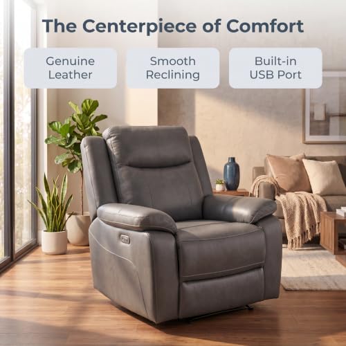 Image of Leather Power Recliner Chair, Single Lazy Boy Recliner with USB Charging, Oversized Breathable Living Room Reclining Chair for Adults Reading, Gaming, Home Theater Relax, Deep Grey
