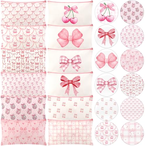 Chunful 24 Pcs Coquette Bow Party Favors 12 Canvas Makeup Bags 12 Coquette Aesthetic Compact Mirror Zipper Pouch Round Pocket Mirrors for Women Guests Quinceanera Party Favors(Pink,Cute Style)