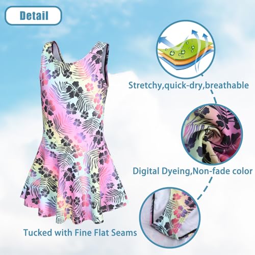 Image of Girls One Piece Swimsuits Leopard Bathing Suit for Kids Hawaiian Swimwear with Skirt Swim Dress 3-16 Years