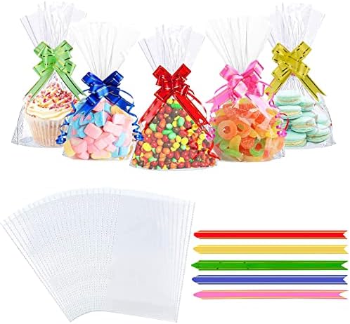 Cellophane Bags, 50PCS Sweet Bags Empty 25x15cm Clear Cookie Bags with Mix Colors Pull Bows, Resealable Plastic Party Bag Sweets for Gifts, Cookie, Baking, Displaying and Party