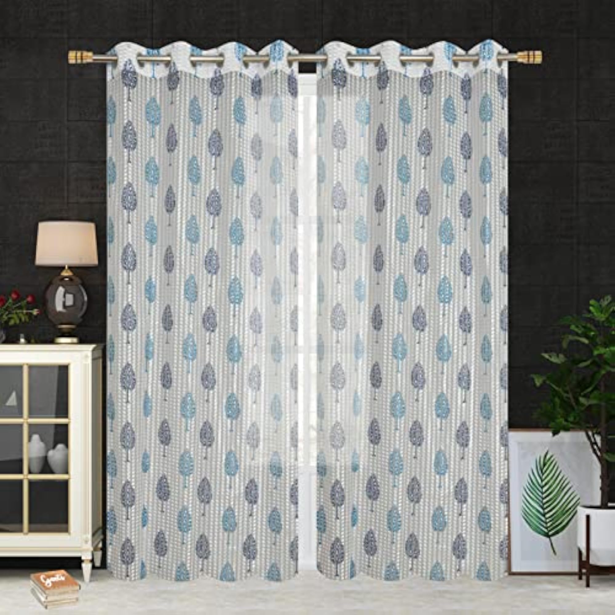 Polyester Semi Sheer Zig Zag Tree Printed Net Curtain