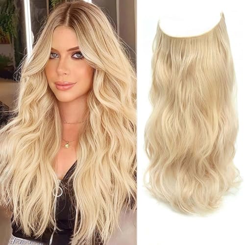Nexyshe Blonde Hair Extensions 20inch Halo Hair Extensions Clip in Wavy Hair Pieces for Women Invisible Wire Design Hair Length & Volume Boost for Daily Use
