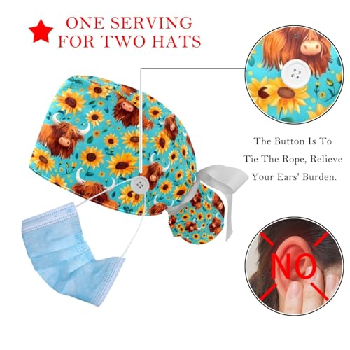 Image of 2 PCS Bouffant Cap with Button Ponytail Pouch Working Cap Sweatband Adjustable Surgical Cap Black and White Cow