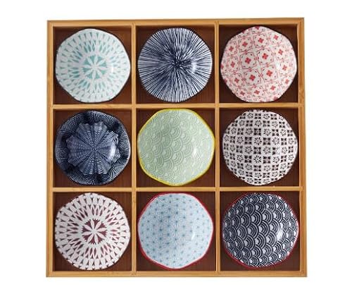 小皿セット 和風 9点セット 陶器 仕切り付き 深型 竹トレイ付き 前菜皿 盛り鉢 醤油皿 小鉢 和食器 セラミック 火鍋 焼肉 寿司 食洗機対応 天然木 調理器具 (A,32.5*32.5*5CM)