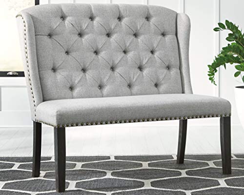 Signature Design By Ashley Jeanette Casual Tufted Back Dining Bench Or Sette With Nailhead Trim, Gray & Jeanette Traditional Tufted Upholstered Wingback Dining Chair, Set Of 2, Light Gray #TOP2