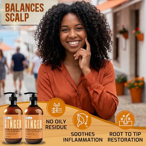 Image of Ginger Shampoo and Conditioner Set - Sulfate Free, Zero Paraben Blend - Scalp Stimulating Treatment - Anti Itch, Volumizing, Salon Strengthening - Repair Hair for Women and Men - 16 Fl Oz (Set of 2)
