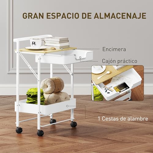 HOMCOM Carrito Auxiliar con Ruedas de 2 Niveles Carro de Cocina con 1 Cajón y 1 Cesta Carrito Organizador para Dormitorio Salón Oficina Blanco - imagen 3