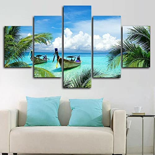 Plage Tropicale tableau 5 pièces pour salon lumineux et évasion au quotidien