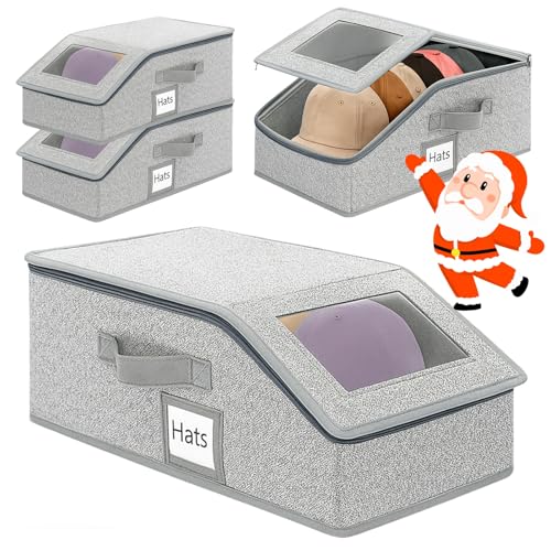 Gliterra 2-Pack Stackable Hat Organizer for Baseball Caps – Grey Cap Storage Box with Clear Window & Label Slot, Foldable, Zippered Lid, Fits in Closet, Drawer, Bedroom