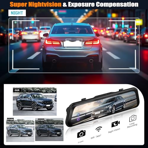 CAMECHO Retrovisor 9.66 Pulgada 2K Mirror Dash CAM Coche con 2 Cámara 1080P, Delantera 150° y Trasera Dashcam 120° con Línea inversa, Visión Nocturna, Sensor G, Tarjeta de 64 GB WiFi App - imagen 5