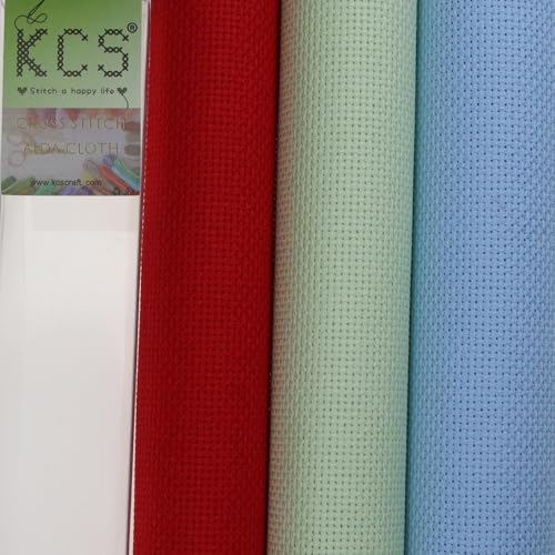 Image of KCS 3 pc of 15 inch x 18 inch(38cmx45cm) Counted Cross Stitch Cotton Aida Cloth Needlework Rolled Fabric Box,18CT,Light Blue+Light Green+Red
