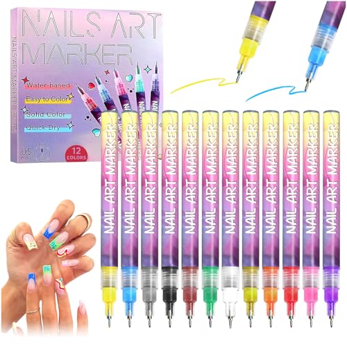 Audasi 12 Colour Nail Art Pens, Marcadores para Arte en Uñas 0,5mm Bolígrafo de Esmalte de Uñas 3D Bolígrafo Graffiti para Uñas Bolígrafo Manicura Pintura DIY Arte Belleza Adorno para Mujeres Niñas