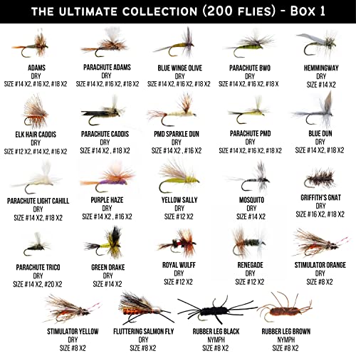Image of Ventures Fly Co. | 200 Premium Hand Tied Fly Fishing Flies Assortment | Three Fly Boxes Included | Dry, Wet, Nymphs, Streamers, Wooly Buggers, Terrestrials | Trout, Bass Lure Set, Kit