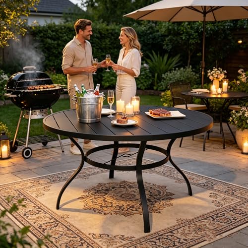 Image of SUNCROWN 53 Inch Round Outdoor Patio Dining Table, All Weather Black Metal Steel Slat Table with 1.5 inch Umbrella Hole, Weather Resistant Outside Furniture for Lawn Garden Backyard Porch