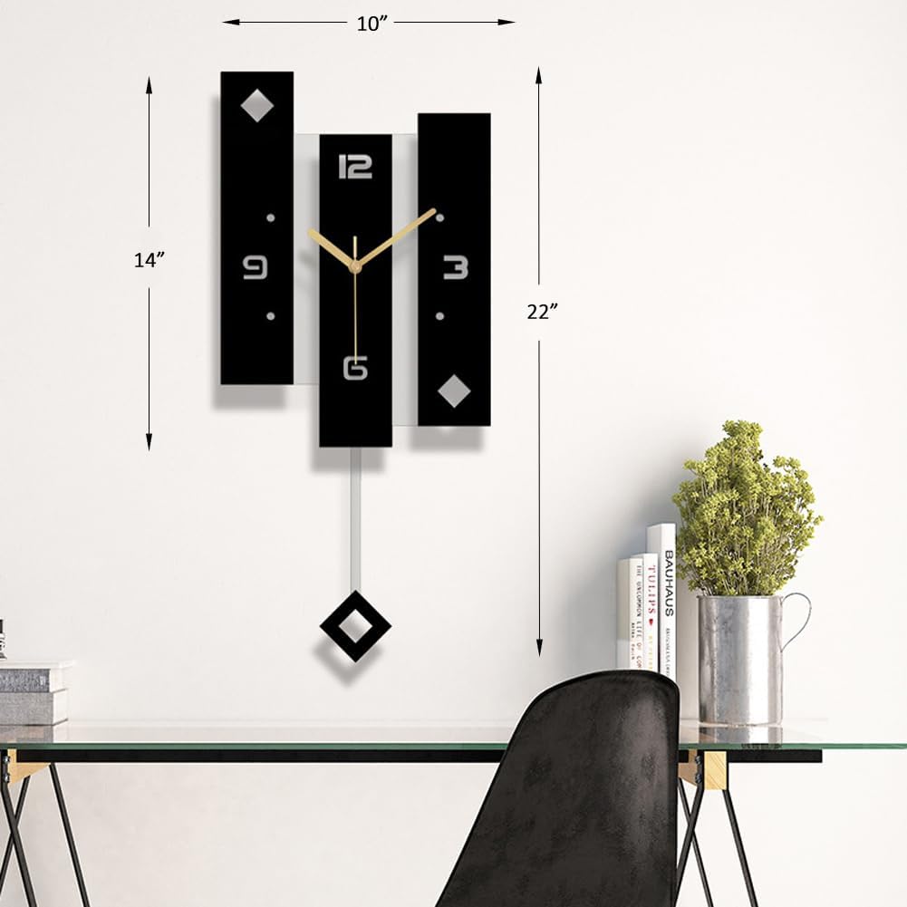 SHISEDECO Creative Mute Modern Large Pendulum Clock in Black and White Color Decorative Silent Decor for Home, Kitchen, Living Room, Office, Colorful Acrylic Art Design(Full Range Available)
