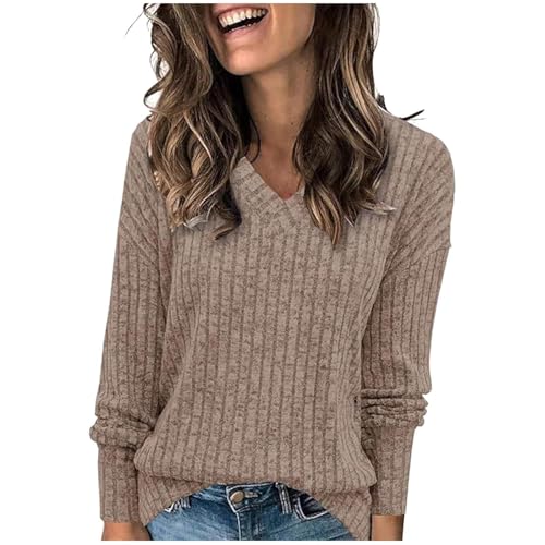 Générique Pull Femme Chic Chaud Couleur Unie Col V/Rond Manche Longue Pull Femmes Cachemire Femme Automne Hiver Pulls en Tricot Leger Chic et Elegant Confortable Décontracté Classique