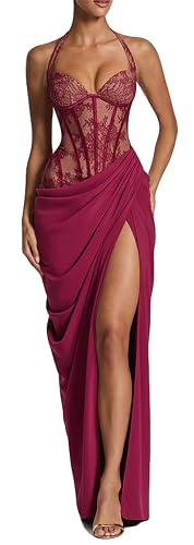 Women's V Neck Lace Paneled Lace Up Ruched Ruffles Bodycon Split Sexy Nightclub Party Dress