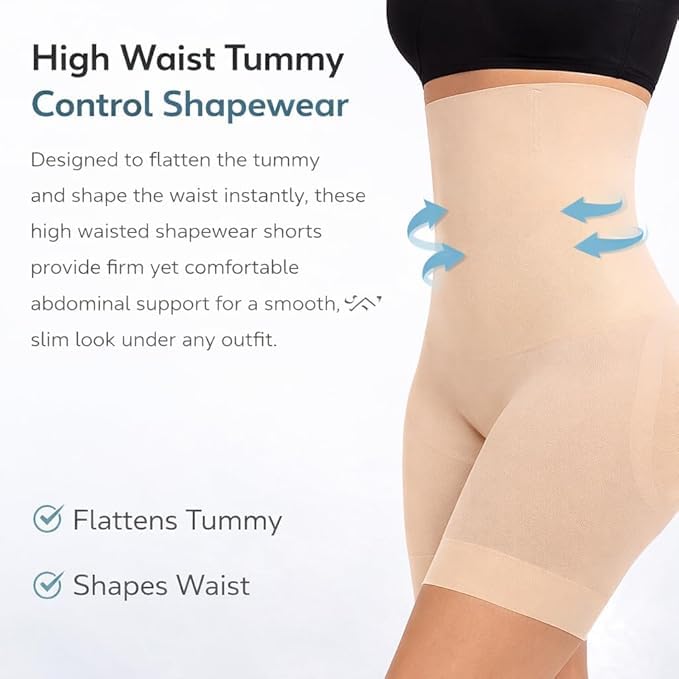 Image of BABO & BABY High Waisted Tummy Control Shapewear Shorts for Women | Seamless Slimming Body Shaper | Invisible Under Dress | Mid-Thigh Thigh Chafing Control | Comfortable (Skin)