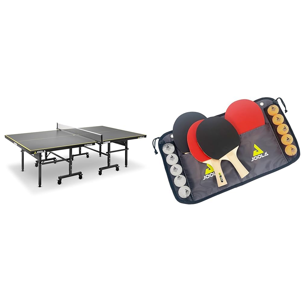 JOOLA Tischtennisplatte Inside J18 Tischtennistisch Indoor klappbares Untergestell & Tischtennis-Set Family, 4 Tischtennisschläger + 10 Tischtennisbälle + Tasche, ca. B 30 x H 8 x T 35 cm