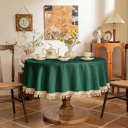Nappe ronde 150 cm effet lin Beydodo avec jacquard et pompons - 2