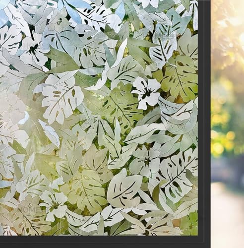 Image of HOME13 Window Privacy Film Frosted Glass Film Decorative Window Sticker Removable Window Film Home Office Privacy Film Window Coverings (Palm Leaves, 2 Feet by 12 Feet)