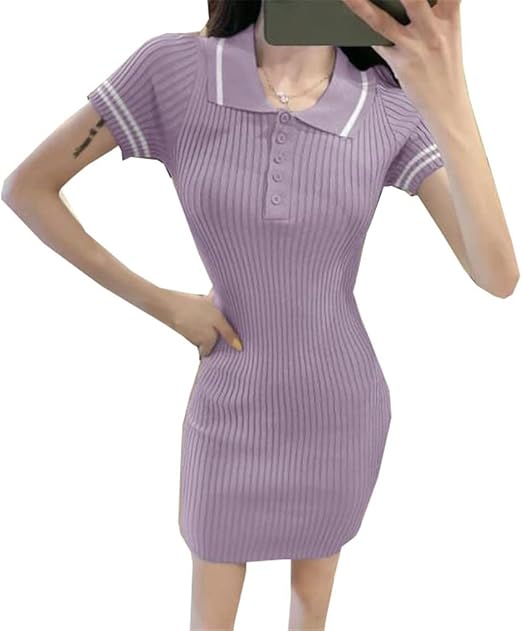Amazon Co Jp トナリ レディース ポロシャツワンピース 半袖 ニットワンピー 体型カバー タイトドレス ショート丈 着痩せ ロングtシャツ シンプル ゴルフ ワンピース S L 夏 ファッション ファッション