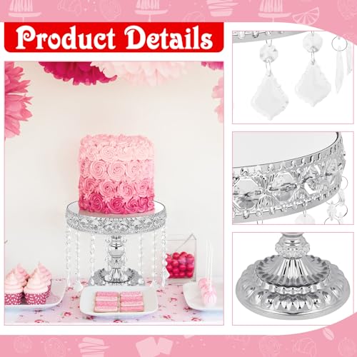 TLY 3 Pcs Silver Cake Stand Set,Round Cake Stand with Crystal Bling Pendants & Mirrored Base,Elegant Silver Dessert Table Display for Weddings Birthdays Parties - Image 5