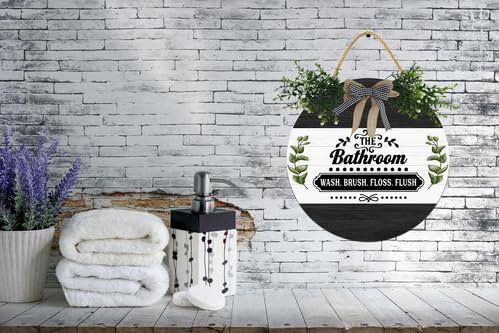 'The Bathroom Was Brush Floss Flush Sign For Bathroom Door', rustykalny okrągły drewniany wieniec, śmieszne znaki łazienkowe do drzwi, wiejskie znaki toaletowe dekoracja 30 cm