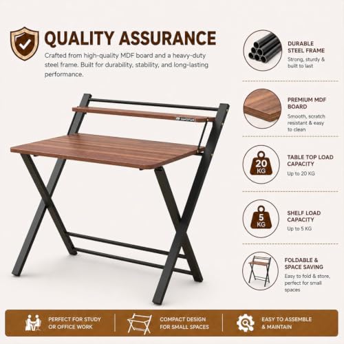 Image of InnoFur Meleti Folding,Multi Purpose, Study, Adjustable Portable, Work from Home, Laptop, Computer, Writing, Dining, Utility Table with Bookshelf (Large, Brown 100x73x85 CM)