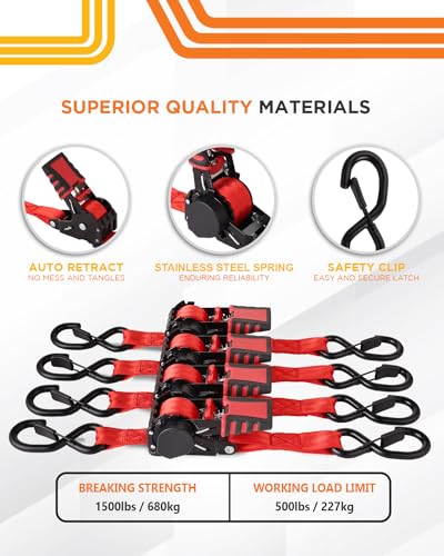 Image of Strapinno 4pcs Retractable Ratchet Straps Bundle 1in x 6ft Ratchet Tie Down with Rubber Coated Steel Handle, S Hooks, Breaking Strength 1500 lbs Each (Red Strap, Black Coated Buckle)