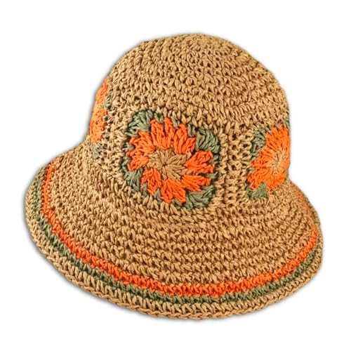 Crochet Straw Sun Hats for Women, Wide Brim Beach Floral Fisherman Hat Casual Woven Raffia Foldable Cap for Summer Holiday(Orange)
