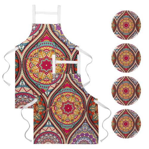 Lot de 2 tabliers de cuisine mandala vintage multicolores pour le bar et la cuisine