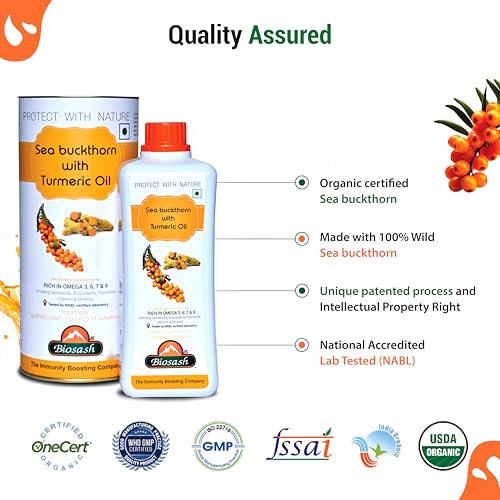 Image of Biosash Sea Buckthorn Juice with Turmeric Oil 250ml | From Certified Organic Berries, Cold-Pressed | Rich in Omega 3 6 7 9, Vitamins & Antioxidants | No Added Sugar, Herbal & Vitality | 50 Serves