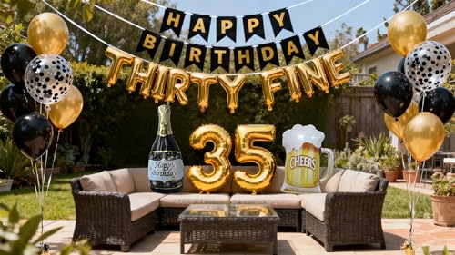Decoración de cumpleaños de treinta y finos para hombres y mujeres, color negro y dorado feliz 35 cumpleaños treinta letras finas número 35 globos de papel de aluminio para copa de cerveza de champán