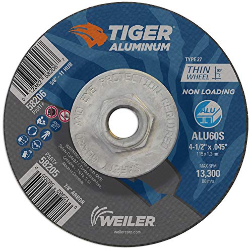 Image of Weiler 58206 4-1 /2 Inch Cutting Wheel, Tiger Aluminum Non-loading Contaminant-free High Performance Cutting, .045 inch ALU60S Type 27 5 /8 inch-11 Hub, Pack of 10