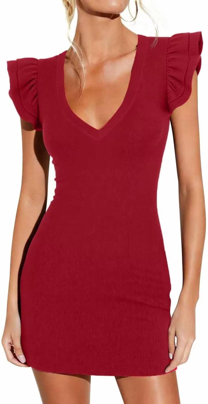 BONITEE Women Sexy Deep V Neck Bodycon Mini Dresses 2026 Summer Ruffle Sleeve Dress Casual Sleeveless Party Short Dresses - Image 3