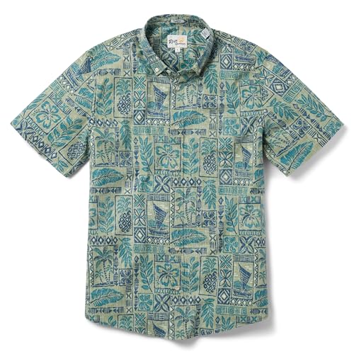 Reyn Spooner Tahitian Tapa Classic Tailored Button Front Hawaiian Aloha Shirt, Olive, L