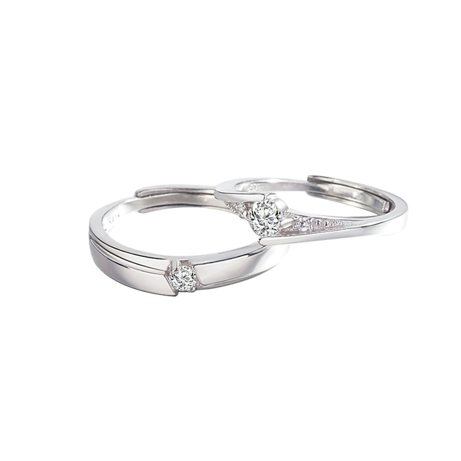Verlobungsringe für Paare, Sterlingsilber-Ring-Set, klassisches Design, Silber mit weißem, rundem Zirkonia, verstellbar