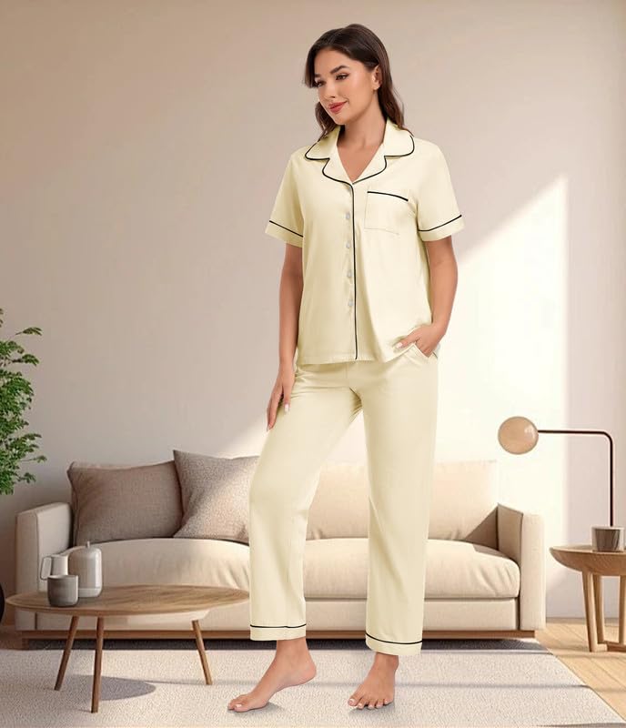 Image of CF 100% Cotton Pajamas for Women Set 2 Piece Short Sleeve Tops and Long Pants Comfy Well-Fitted Loungewear Set Pj Sets