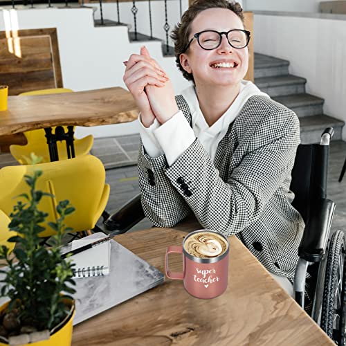 Super Teacher Insulated Coffee Mug With Handle, Christmas Birthday Appreciation Teacher’s Day Thank You Gifts For Teacher Tutor Professor Women, 12Oz Stainless Steel Travel Mug Tumbler Cup, Rose Gold #TOP2