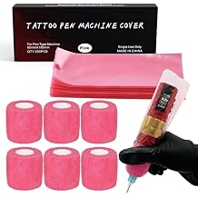 LEEYUKA 200Pcs Large Tattoo Machine Pen Covers with 6Pcs Grip Tape | Pink Tattoo Pen Sleeves with Self-Adhesive Tape Tattoo Supplies