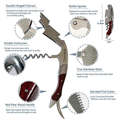 Professional Waiters Corkscrew by Barvivo - This Bottle Opener for Beer and Wine Bottles is Used by Waiters, Sommelier and Bartenders Around the World. Made of Stainless Steel and Red Pear Wood. - Thumbnail 6
