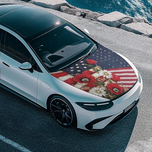 Image of American Flag and Red Poppy Hood Cover for Car SUV Sedan Truck, Waterproof Elastic Polyester Car Hood Protector, Patriotic Decorative Automotive Accessories for Summer