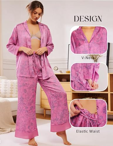 Image of Yimoon Satin Pajama Set for Women Silk Pajamas Set 2 Piece Floral Cute Pj Set Long Sleeve Pjs Sleepwear